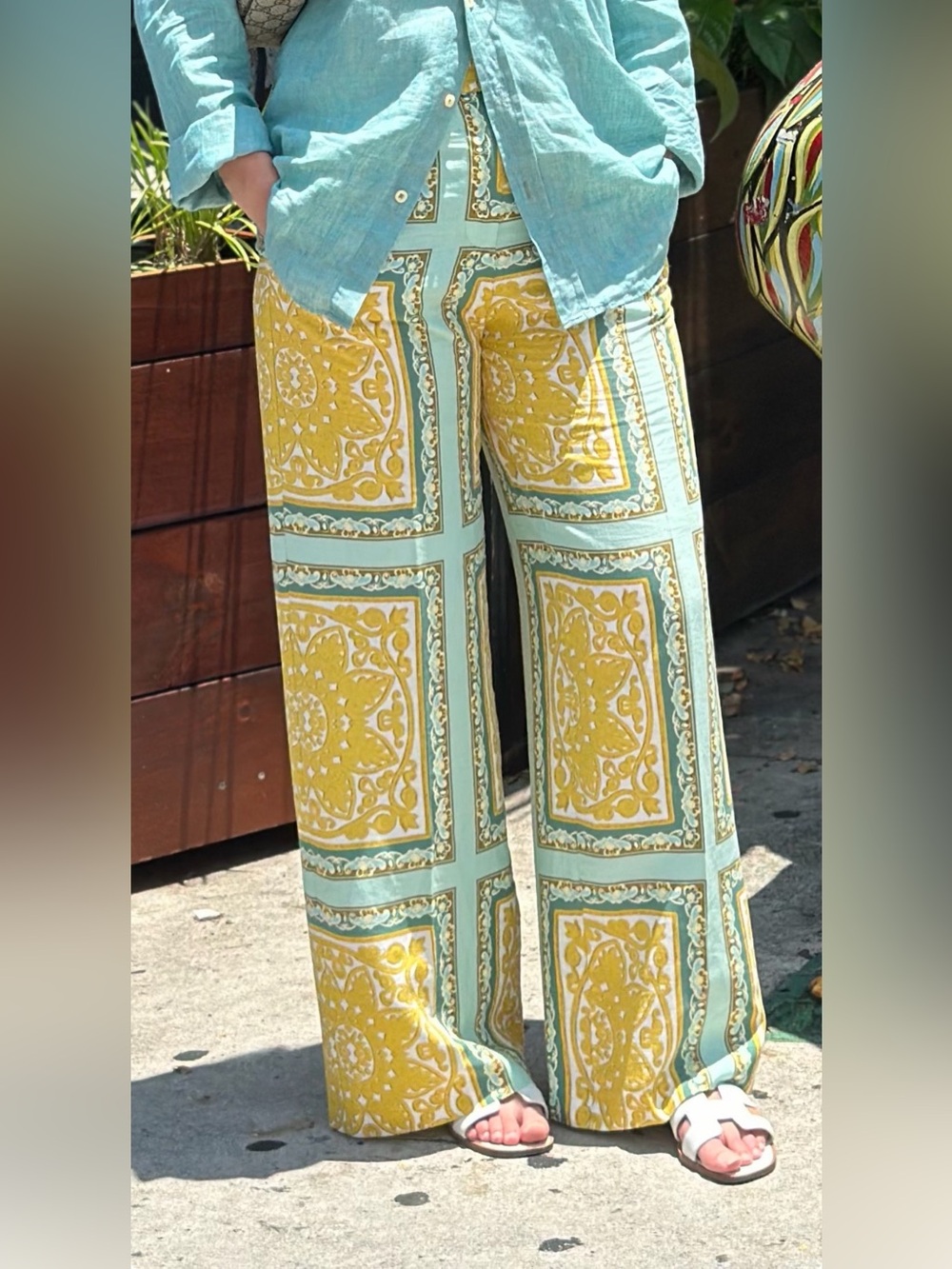 Zara Yellow and Aqua Patterned Straight-Leg Chinos